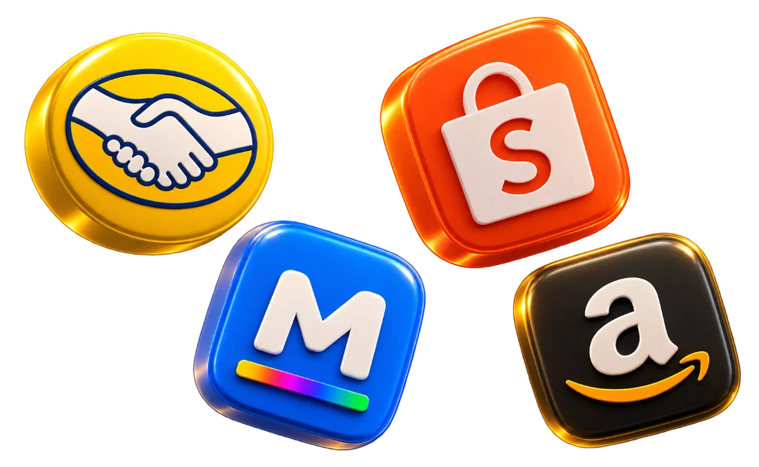 Logos do Mercado Livre, Shopee, Magalu e Amazon